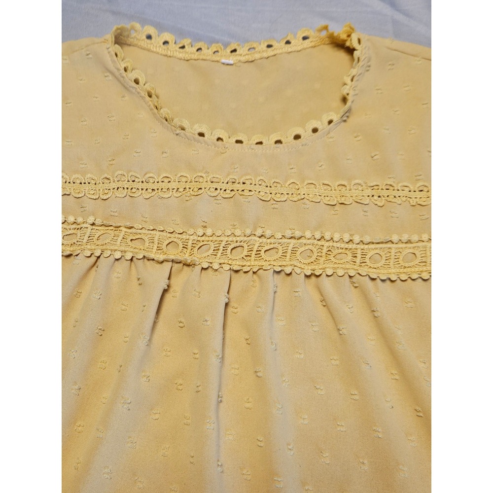 Cottagecore Swiss Dot Blouse Women Small Yellow Crochet Lace Cap Sleeve Boho Top